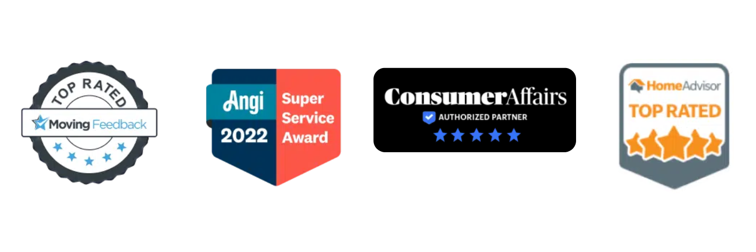 Trust Badges - Top Rated by Moving Feedback, Angi Super Service Award 2022, Consumer Affairs Authorized Partner, HomeAdvisor Top Rated